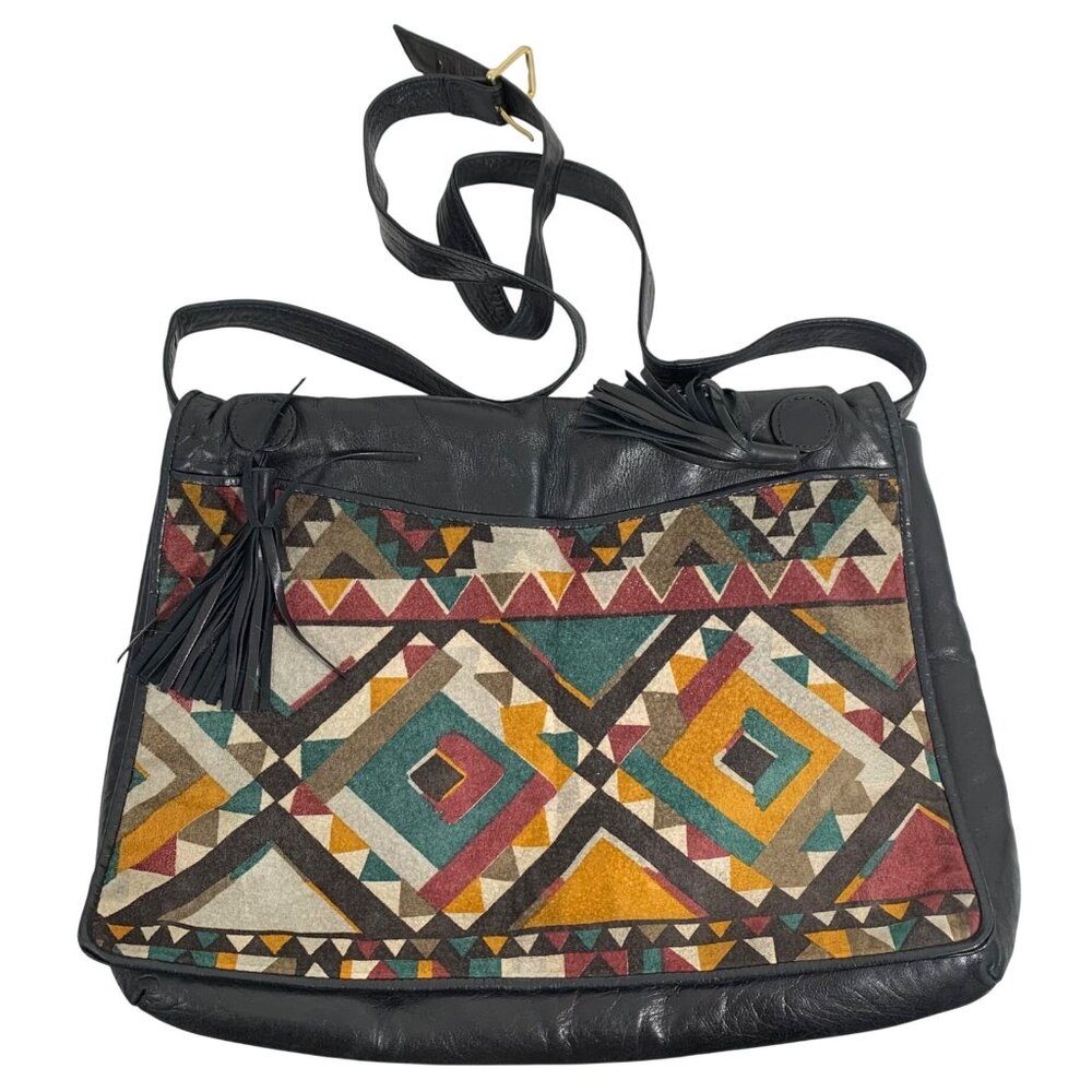 Southwestern Design Fabric Front Flap w/ Tassels Black Leather Shoulder Bag